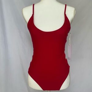 Red open back one piece swimsuit